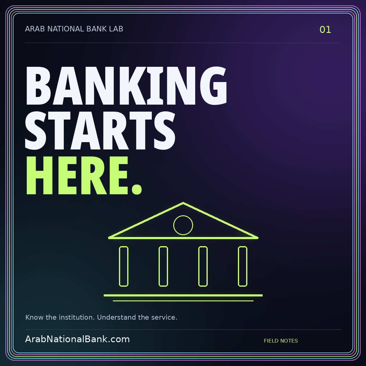 BANKING — STARTS — HERE. Know the institution. Understand the service. ArabNationalBank.com editorial card.
